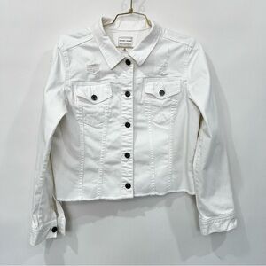 Melrose and Market White Denim Jacket Size Medium Cropped Distressed With Pocket